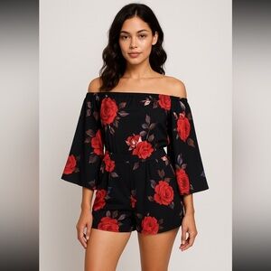 Assivia Floral Off Shoulder Bell Sleeve Romper Asian XL (Fits M/L)